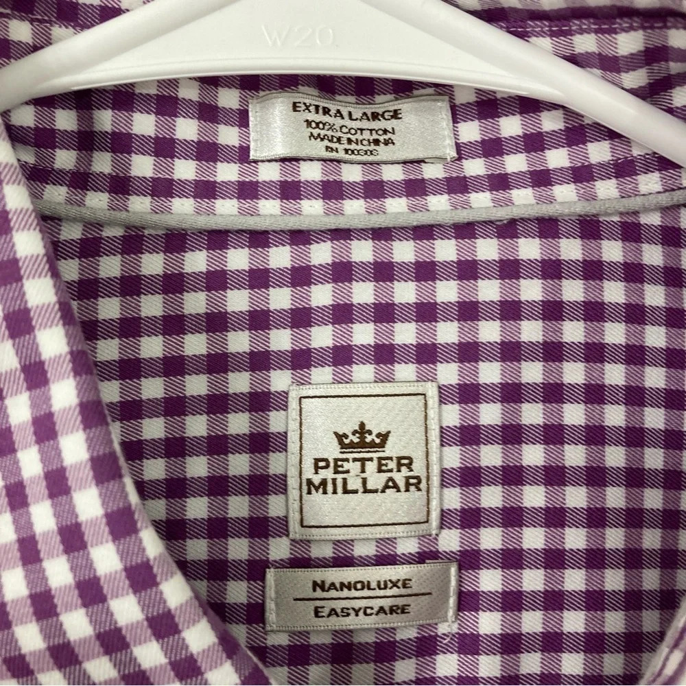 Peter Millar Purple White Gingham Nanoluxe Cotton Long Sleeve Button Down XL - Picture 2 of 9